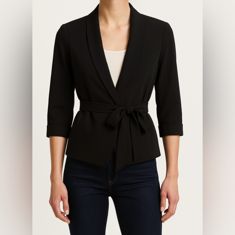 Willow & Thread Black Belted Wrap Blazer with Belt 3/4 sleeve SMALL